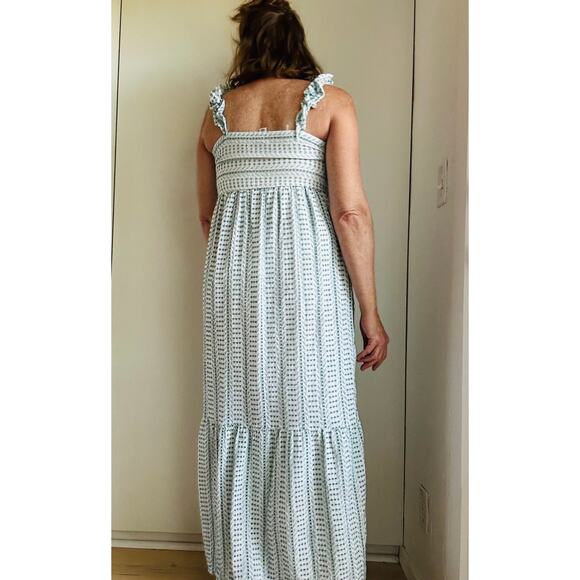 Women's Boho Eyelet Maxi Dress White/Green Ruffle bottom Sundress Bohemian Sz Sm - Picture 10 of 11